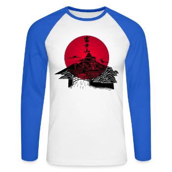 Japanische Landschaft schwarz und rote Sonne - Unisex Baseballshirt langarm - Weiß/Royalblau - Vorne - Nik (191cm)