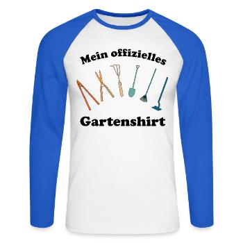 Mein offizielles Gartenshirt Retro Gartenwerkzeug - Unisex Baseballshirt langarm - Weiß/Royalblau - Vorne - Nik (191cm)