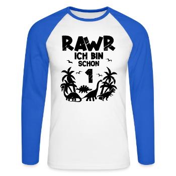 Dinosaurier 1. Geburtstag Kinder - Unisex Baseballshirt langarm - Weiß/Royalblau - Vorne - Nik (191cm)