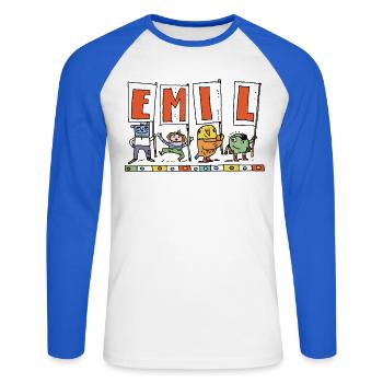 Emil - Unisex Baseballshirt langarm - Weiß/Royalblau - Vorne - Nik (191cm)
