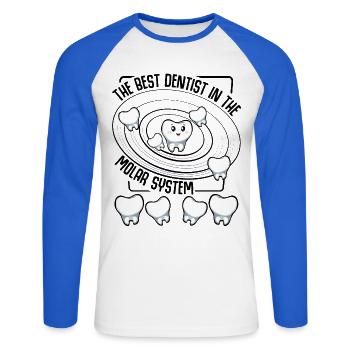 Kawaii Zahn-Charme im Orbit - Unisex Baseballshirt langarm - Weiß/Royalblau - Vorne - Nik (191cm)