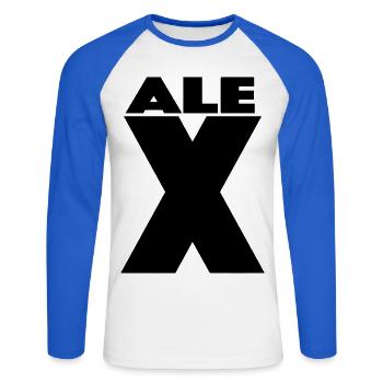 Alex X – Minimal Name Design - Unisex Baseballshirt langarm - Weiß/Royalblau - Vorne - Nik (191cm)