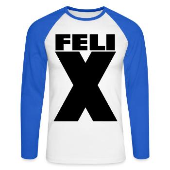 Felix X – Minimal Name Design - Unisex Baseballshirt langarm - Weiß/Royalblau - Vorne - Nik (191cm)