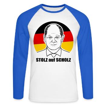 stolz auf Scholz, Bundeskanzler, Deutschland Shirt - Unisex Baseballshirt langarm - Weiß/Royalblau - Vorne - Nik (191cm)