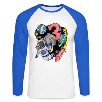 3 anniversaire garçon - 3 ans - J’ai 3 ans - T-shirt baseball manches longues Homme - blanc/bleu royal - Devant - Nik (191cm)