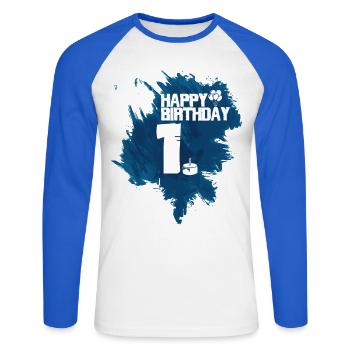 Joyeux anniversaire - 1 an - T-shirt baseball manches longues Homme - blanc/bleu royal - Devant - Nik (191cm)
