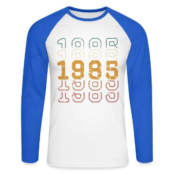 1985 - Unisex Long Sleeve Baseball T-Shirt - white/royal blue - Front - Nik (191cm)
