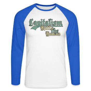 Capitalism Kills the Human - Unisex Long Sleeve Baseball T-Shirt - white/royal blue - Front - Nik (191cm)