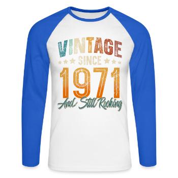 1971 Année de naissance Anniversaire Année de construction Millésime - T-shirt baseball manches longues Homme - blanc/bleu royal - Devant - Nik (191cm)