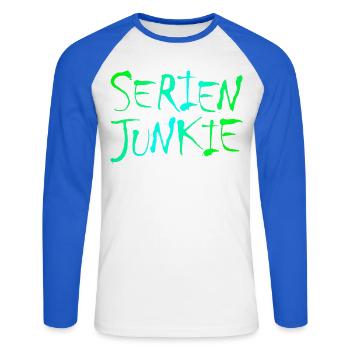 NERDY forever - Serienjunkie - Unisex Baseballshirt langarm - Weiß/Royalblau - Vorne - Nik (191cm)
