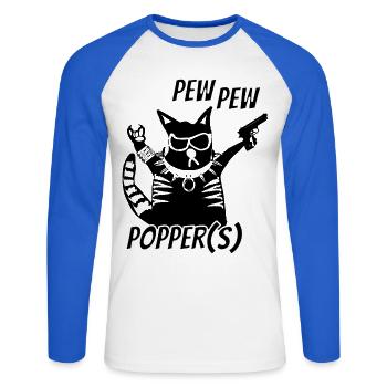 Rockerkatze Pew Pew Metal Festival - Unisex Baseballshirt langarm - Weiß/Royalblau - Vorne - Nik (191cm)