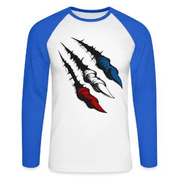 Rostocker Krallen - Unisex Baseballshirt langarm - Weiß/Royalblau - Vorne - Nik (191cm)