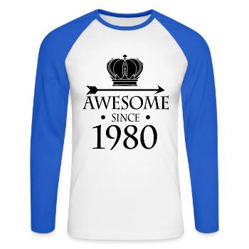 Jahrgang 1980 - Fantastisch seit 1980 - Unisex Baseballshirt langarm - Weiß/Royalblau - Vorne - Nik (191cm)