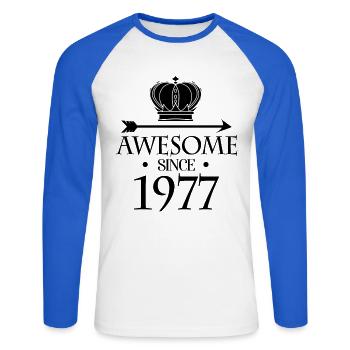 Né en 1977 - Fantastique depuis 1977 - T-shirt baseball manches longues Homme - blanc/bleu royal - Devant - Nik (191cm)