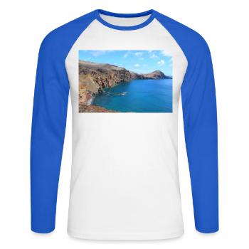 Affiche Madère Portugal - T-shirt baseball manches longues Homme - blanc/bleu royal - Devant - Nik (191cm)