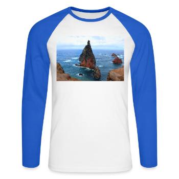 Affiche Madère Portugal - T-shirt baseball manches longues Homme - blanc/bleu royal - Devant - Nik (191cm)