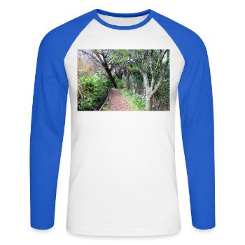 Affiche Madère Portugal - T-shirt baseball manches longues Homme - blanc/bleu royal - Devant - Nik (191cm)