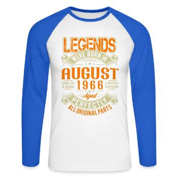1966 August Geburtstag Legende - Unisex Baseballshirt langarm - Weiß/Royalblau - Vorne - Nik (191cm)