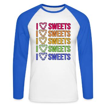 Déclaration du cœur J’aime les bonbons Avec une dent sucrée - T-shirt baseball manches longues Homme - blanc/bleu royal - Devant - Nik (191cm)