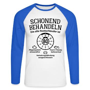Schonend Behandeln 80. Geburtstag Rostschleuder 80 - Unisex Baseballshirt langarm - Weiß/Royalblau - Vorne - Nik (191cm)