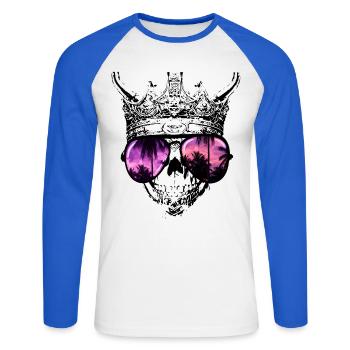 Hipster Skull King - T-shirt baseball manches longues Homme - blanc/bleu royal - Devant - Nik (191cm)