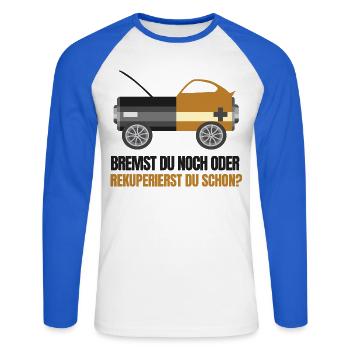 E-Autofahrer - Unisex Baseballshirt langarm - Weiß/Royalblau - Vorne - Nik (191cm)