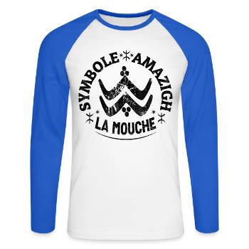 Symbole Amazigh, La mouche, tatouage berbère ⵣ - T-shirt baseball manches longues Homme - blanc/bleu royal - Devant - Nik (191cm)