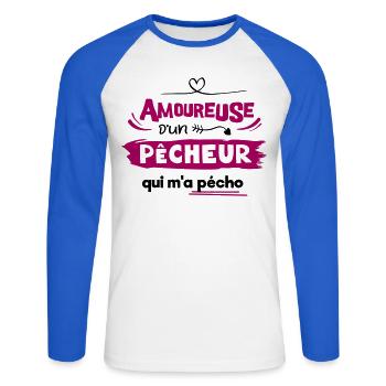Amoureuse d'un pêcheur qui m'a pécho ! humour - T-shirt baseball manches longues Homme - blanc/bleu royal - Devant - Nik (191cm)