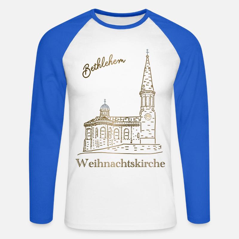 Weihnachtskirche Bethlehem, handgezeichnet - Unisex Baseballshirt langarm - Weiß/Royalblau