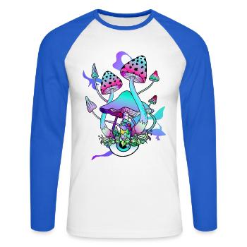 Trippy Hippie Psychedelic Mushroom - Unisex Long Sleeve Baseball T-Shirt - white/royal blue - Front - Nik (191cm)