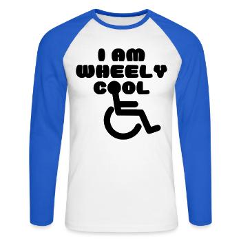 Je suis cool. Humour en fauteuil roulant * - T-shirt baseball manches longues Homme - blanc/bleu royal - Devant - Nik (191cm)