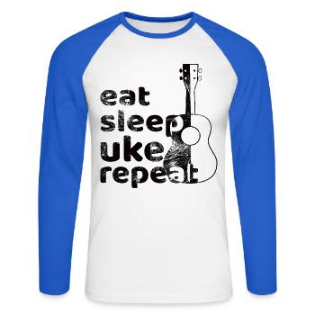eat sleep uke repeat! schwarz - Unisex Baseballshirt langarm - Weiß/Royalblau - Vorne - Nik (191cm)