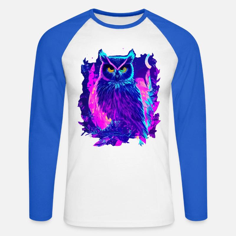 Neon leuchtende Eule Synthwave - Unisex Baseballshirt langarm - Weiß/Royalblau