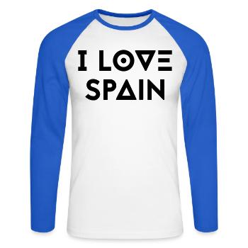 J’AIME L’ESPAGNE - T-shirt baseball manches longues Homme - blanc/bleu royal - Devant - Nik (191cm)