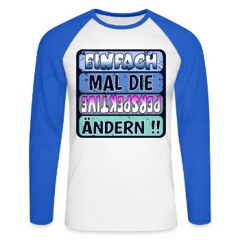 VERÄNDERUNG - PERSPEKTIVE ÄNDERN - Unisex Baseballshirt langarm - Weiß/Royalblau - Vorne - Nik (191cm)