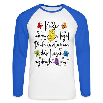 Kita Abschied Danke - Kinder haben Flügel  - Unisex Baseballshirt langarm - Weiß/Royalblau - Vorne - Nik (191cm)
