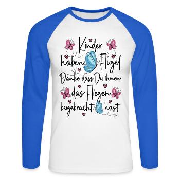 Kita Abschied - Kinder haben Flügel - Unisex Baseballshirt langarm - Weiß/Royalblau - Vorne - Nik (191cm)