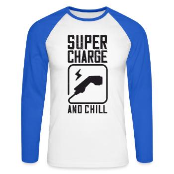 Supercharge And Chill - for electric car fans - Unisex Long Sleeve Baseball T-Shirt - white/royal blue - Front - Nik (191cm)