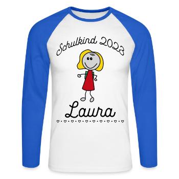 Schulkind 2023 Laura - Unisex Baseballshirt langarm - Weiß/Royalblau - Vorne - Nik (191cm)