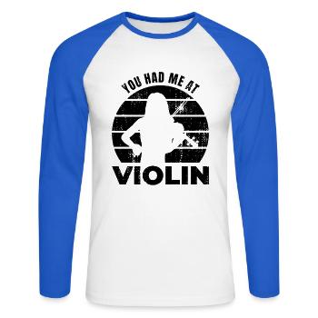 Tu m’avais au violon - T-shirt baseball manches longues Homme - blanc/bleu royal - Devant - Nik (191cm)