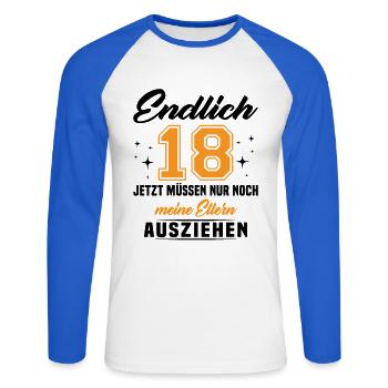 18 Jahre Geburtstagsgeschenk endlich 18 - Unisex Baseballshirt langarm - Weiß/Royalblau - Vorne - Nik (191cm)