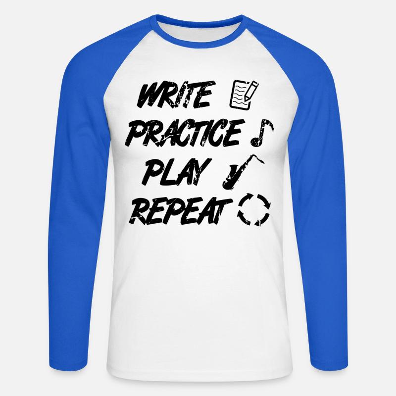 Writing, practicing, playing, repeating - Unisex Long Sleeve Baseball T-Shirt - white/royal blue