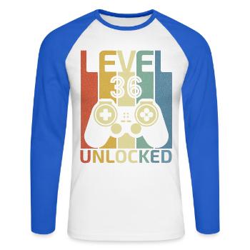 Level 36 freigeschaltet Lustiger Videospieler 36. Geburtstag - Unisex Baseballshirt langarm - Weiß/Royalblau - Vorne - Nik (191cm)