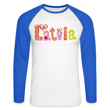 Personalized Latvia Name - Unisex Long Sleeve Baseball T-Shirt - white/royal blue - Front - Nik (191cm)