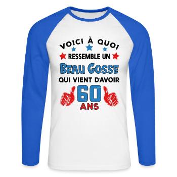 60 ans anniversaire homme cadeau humour drôle - T-shirt baseball manches longues Homme - blanc/bleu royal - Devant - Nik (191cm)