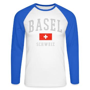 Basel Schweiz Emblem Druck - Unisex Baseballshirt langarm - Weiß/Royalblau - Vorne - Nik (191cm)