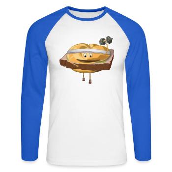 Leberkäs Semmerl – Cartoon Kultessen - T-shirt baseball manches longues Homme - blanc/bleu royal - Devant - Nik (191cm)