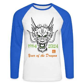 Jahr des Drachen 1964-2024 - Unisex Baseballshirt langarm - Weiß/Royalblau - Vorne - Nik (191cm)