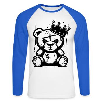 Bear King | Graffiti Street Art Handwritten Shirt - Unisex Long Sleeve Baseball T-Shirt - white/royal blue - Front - Nik (191cm)