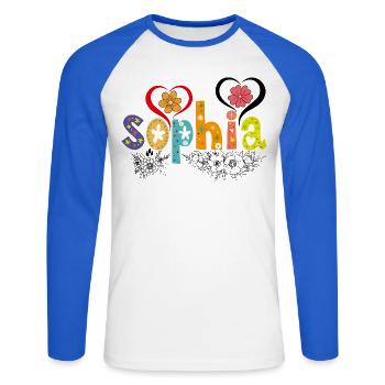 Personalized Sophia Name - Unisex Long Sleeve Baseball T-Shirt - white/royal blue - Front - Nik (191cm)